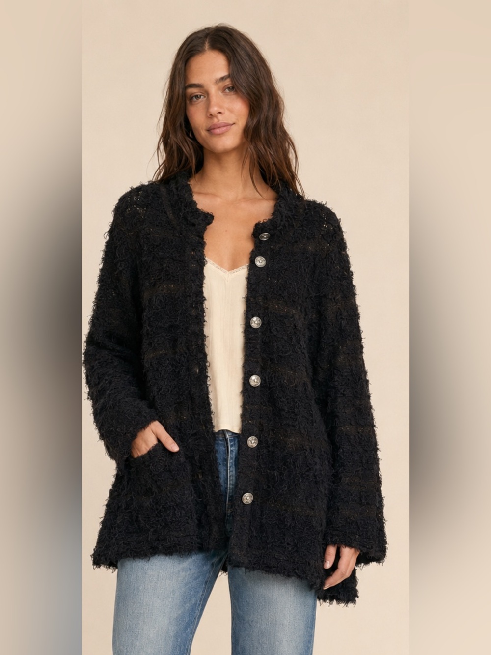 Free People Black Textured Shaggy Loop Knit Cardigan Largest